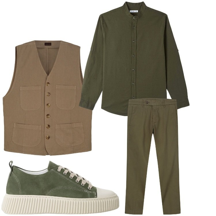 Outfit uomo - I colori del bosco. Stile Business/Elegante per Serata speciale. Abbinamento con camicie, sneakers, pantaloni chino, gilet.