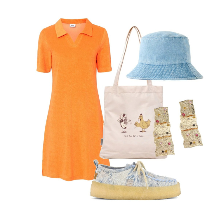 Outfit donna - L\'alba sa di arancio!. Stile Trendy per Tutti i giorni. Abbinamento con vestiti midi/longuette, cappelli, shopping bag, orecchini, mocassini.