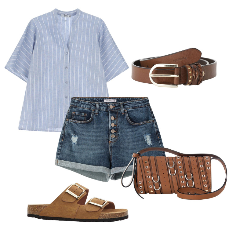 Outfit donna - Tempo libero easy look. Stile Casual per Tutti i giorni. Abbinamento con ciabatte, shorts, borse a spalla, camicie a manica corta, cinture.