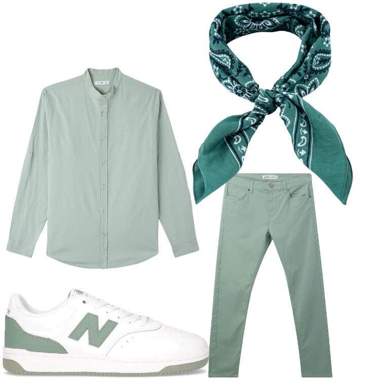 Outfit uomo - Il mio verde. Stile Casual per Serata speciale. Abbinamento con camicie, pantaloni skinny, sciarpe e foulard, sneakers.