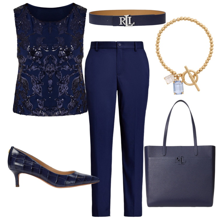 Outfit donna - Importante appuntamento. Stile Casual chic per Serata fuori. Abbinamento con top, décolleté, cinture, pantaloni, braccialetti, borse tote.