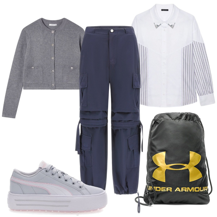 Outfit donna - In vacanza in montagna : zaino casual. Stile Casual per Tutti i giorni. Abbinamento con cardigans, pantaloni cargo, sneakers, zaini, camicie.