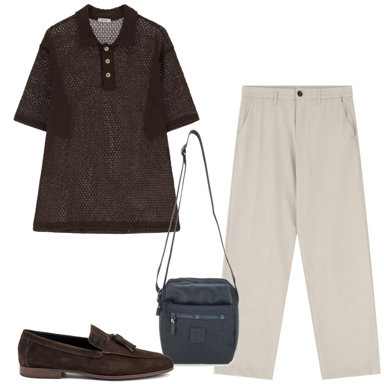 Outfit uomo - Polo in maglia leggera. Stile Urban per Serata speciale. Abbinamento con pantaloni, polo, portafogli, scarpe stringate.