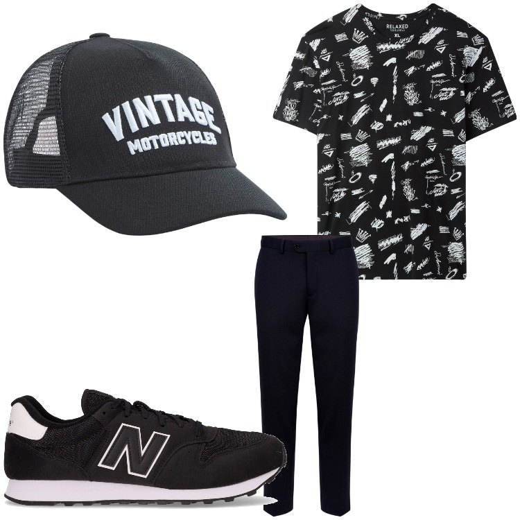 Outfit uomo - Spiritoso. Stile Casual per Tutti i giorni. Abbinamento con t-shirt, cappelli, pantaloni, sneakers.