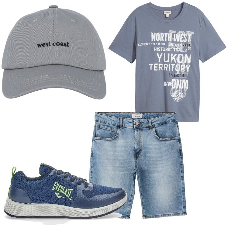 Outfit uomo - Super casual. Stile Casual per Tutti i giorni. Abbinamento con t-shirt, cappelli con visiera, bermuda, sneakers.