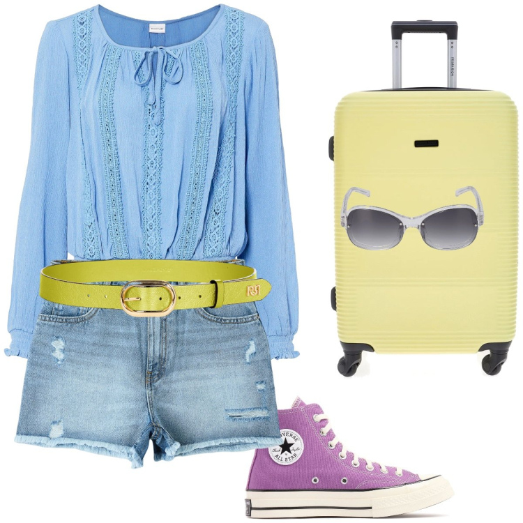 Outfit donna - Il mio viaggio a colori. Stile Casual per Mare. Abbinamento con bluse, shorts, cinture, valigie, occhiali da sole, sneakers alte.