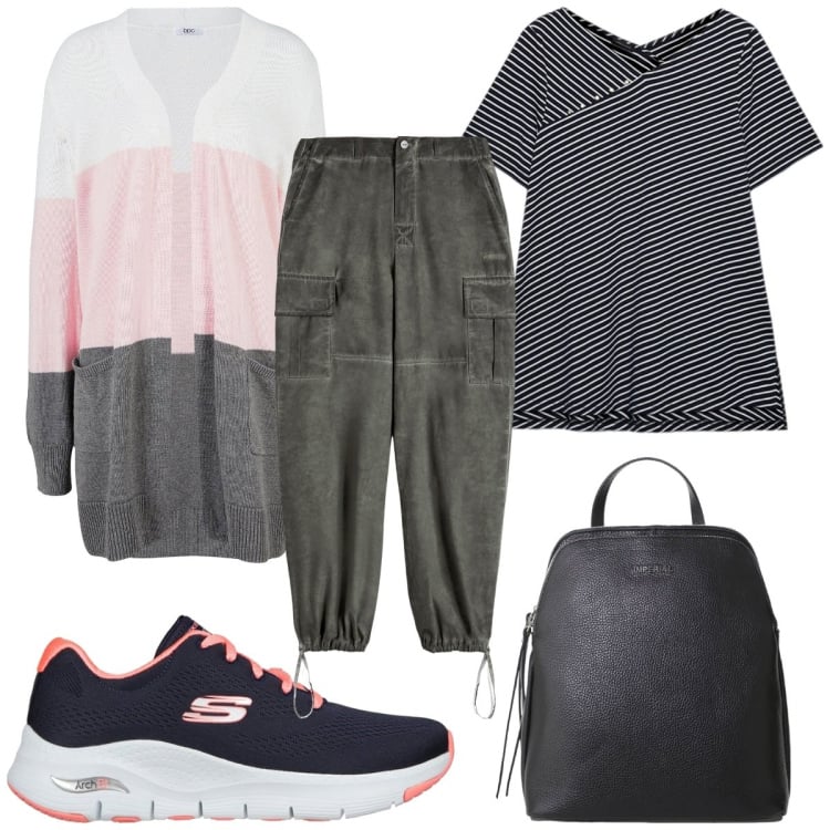 Outfit donna - In vacanza in montagna: un tocco di rosa. Stile Casual per Tutti i giorni. Abbinamento con cardigans, zaini, pantaloni cargo, sneakers, t-shirt.