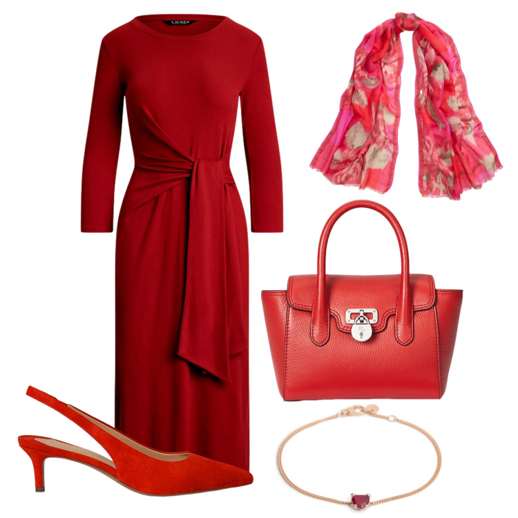 Outfit donna - Rossa alla sera. Stile Glamour per Serata fuori. Abbinamento con borse a mano, vestiti, sciarpe, décolleté, braccialetti.
