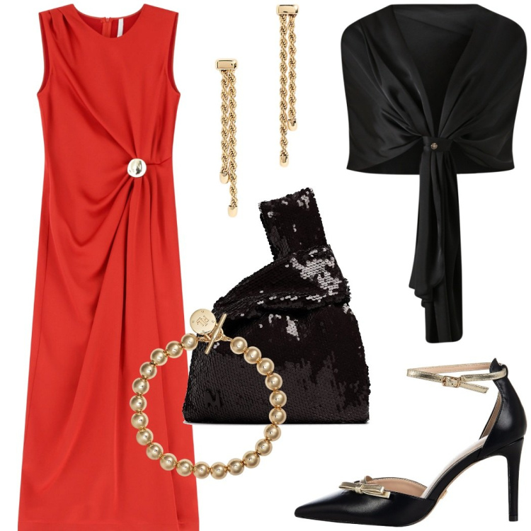 Outfit donna - Serata speciale. Stile Glamour per Cerimonia. Abbinamento con scialli, décolleté, vestiti lunghi, braccialetti, orecchini, pochette.