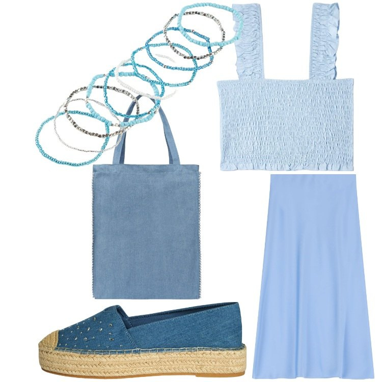 Outfit donna - Celeste. Stile Boho per Tutti i giorni. Abbinamento con braccialetti, top, borse tote, espadrillas, gonne longuette.