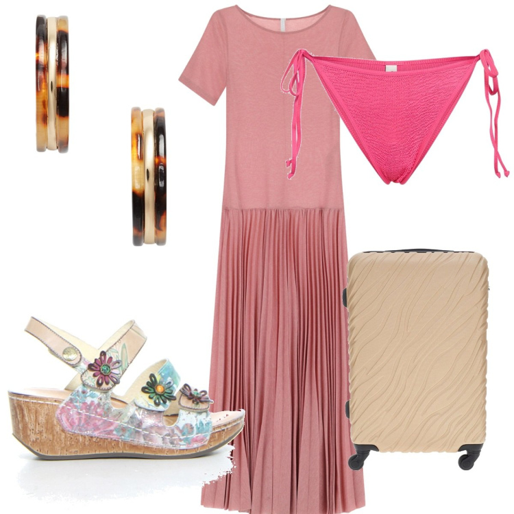 Outfit donna - Eleganza rilassata con l\'abito rosa. Stile Trendy per Mare. Abbinamento con vestiti lunghi, orecchini, sandali, bikini, valigie.