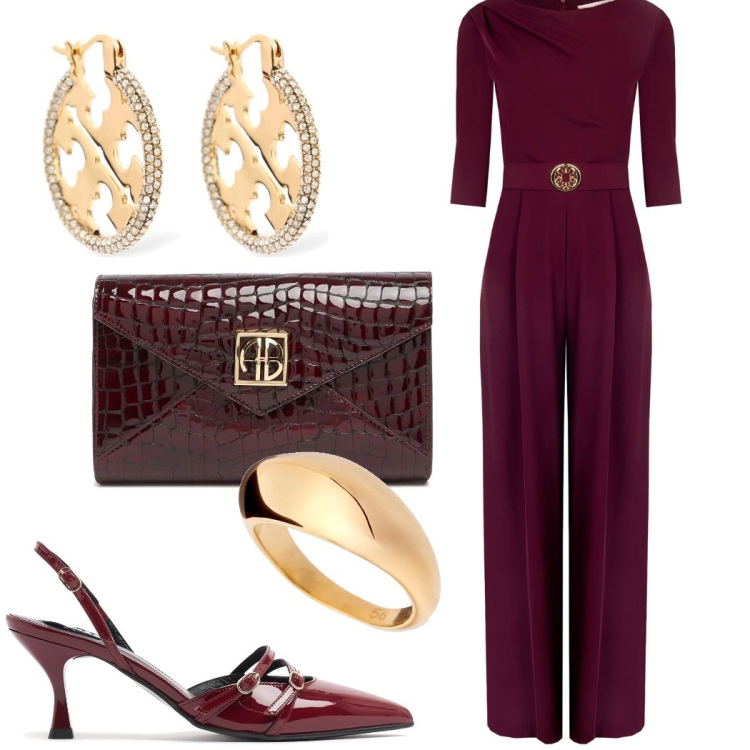 Outfit donna - Tono su tono color vino. Stile Chic per Serata fuori. Abbinamento con tute, orecchini, pochette, anelli, décolleté.