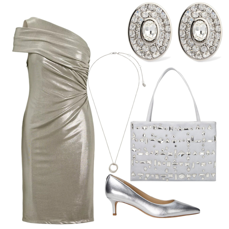 Outfit donna - Serata al locale. Stile Glamour per Serata fuori. Abbinamento con ciondoli, décolleté, vestiti asimmetrici, borse a spalla, orecchini.