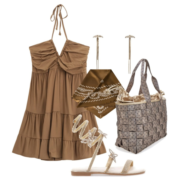 Outfit donna - Tagli simmetrici. Stile Glamour per Serata fuori. Abbinamento con orecchini, vestiti corti, sandali, borse a spalla, foulard.