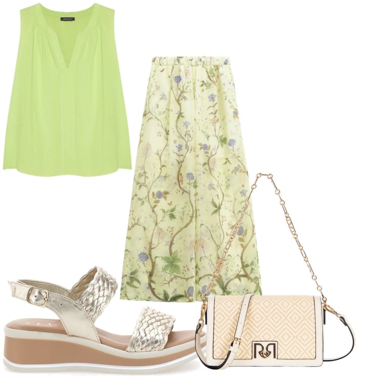 Outfit donna - La mattina dopo la colazione. Stile Glamour per Tutti i giorni. Abbinamento con borse a tracolla, pantaloni, top, sandali.