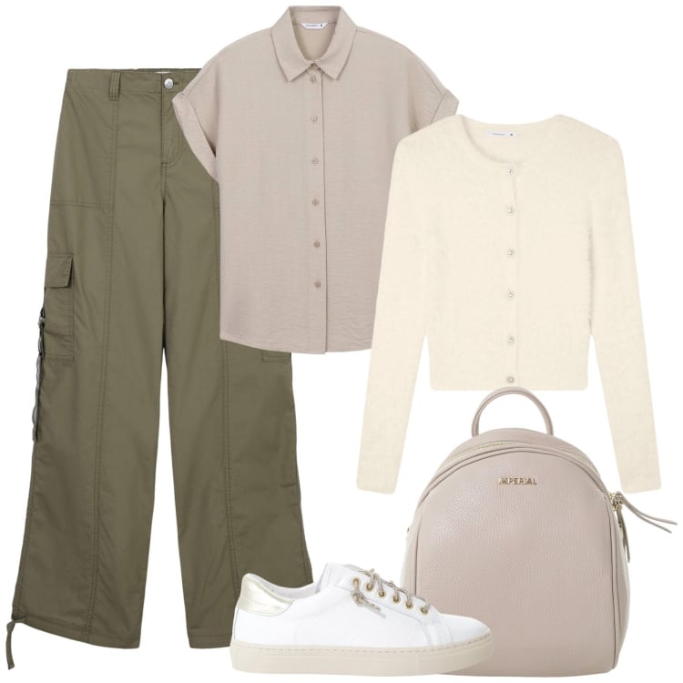 Outfit donna - In vacanza in montagna. Stile Sporty chic per Tutti i giorni. Abbinamento con pantaloni cargo, camicie, cardigans, sneakers, zaini.
