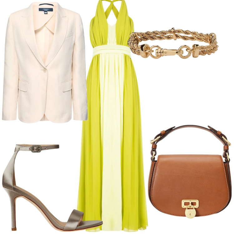 Outfit donna - Eleganza rilassata e colori trendy. Stile Trendy per Serata fuori. Abbinamento con vestiti lunghi, braccialetti, sandali col tacco, borse a tracolla, blazer.