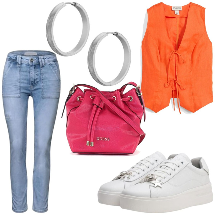 Outfit femme - Tendance d août. Style Tendance pour Tous les jours. Assortir avec tuniques, sneakers, sacs seau, boucles d'oreilles, jeans.