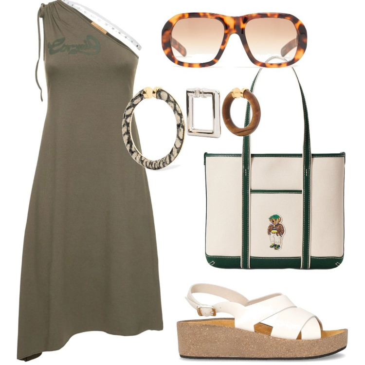 Outfit donna - Total look #2216318. Stile Casual chic per Tutti i giorni. Abbinamento con borse tote, sandali, vestiti asimmetrici, occhiali da sole, orecchini.