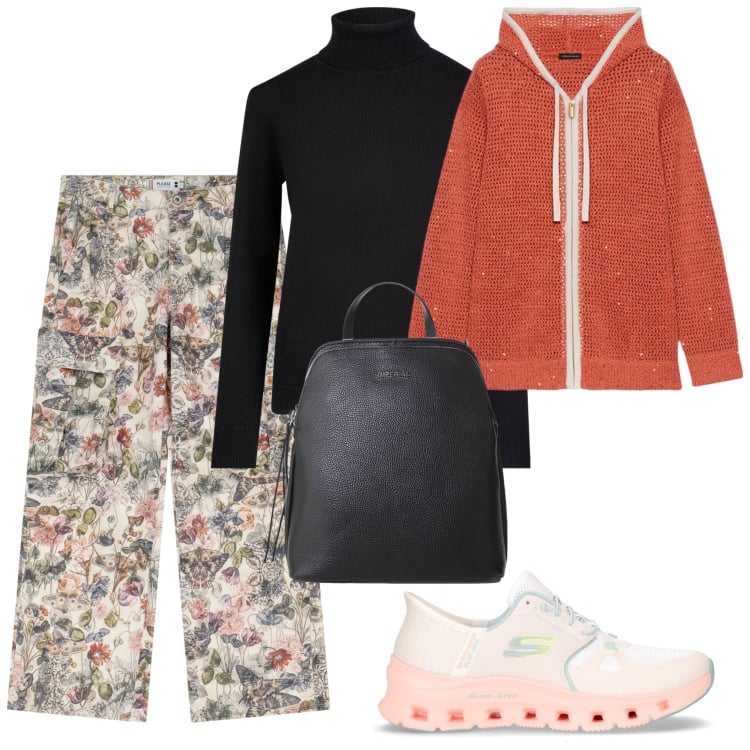Outfit donna - Un vacanza in montagna. Stile Sporty chic per Sport. Abbinamento con pantaloni cargo, zaini, cardigans, maglieria, scarpe sportive.