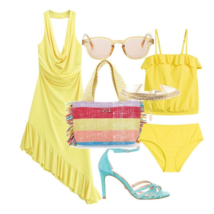 Outfit donna - Beato a chi ha il sole dentro!. Stile Chic per Serata fuori. Abbinamento con costumi interi, sandali col tacco, occhiali da sole, vestiti asimmetrici, braccialetti, pochette.