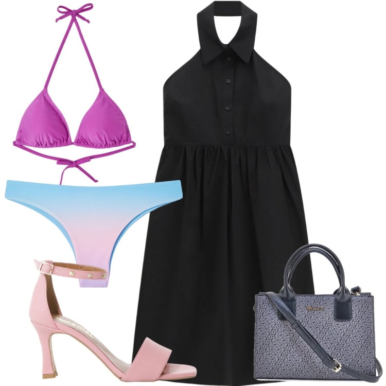 Outfit donna - Total look #2216328. Stile Trendy per Mare. Abbinamento con bikini, bikini, sandali col tacco, vestiti midi/longuette, borse a tracolla.