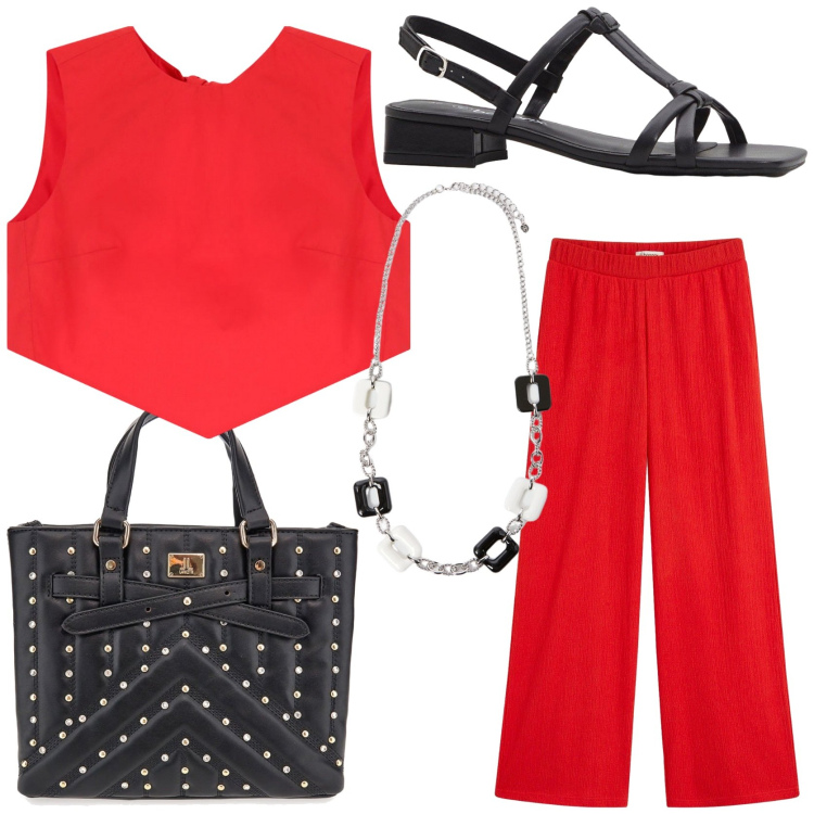 Outfit donna - Sensuale il completo pantalone. Stile Trendy per Tutti i giorni. Abbinamento con pantaloni a palazzo, sandali col tacco, top, borse a mano, collane.
