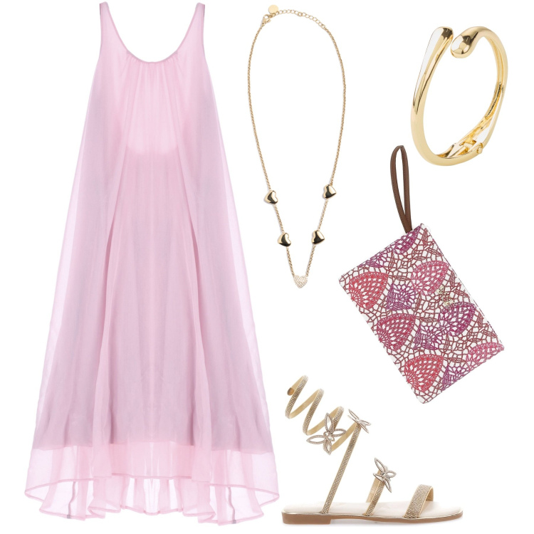 Outfit donna - Abiti lunghi e vaporosi. Stile Casual chic per Serata fuori. Abbinamento con braccialetti, vestiti lunghi, collane, sandali, pochette.