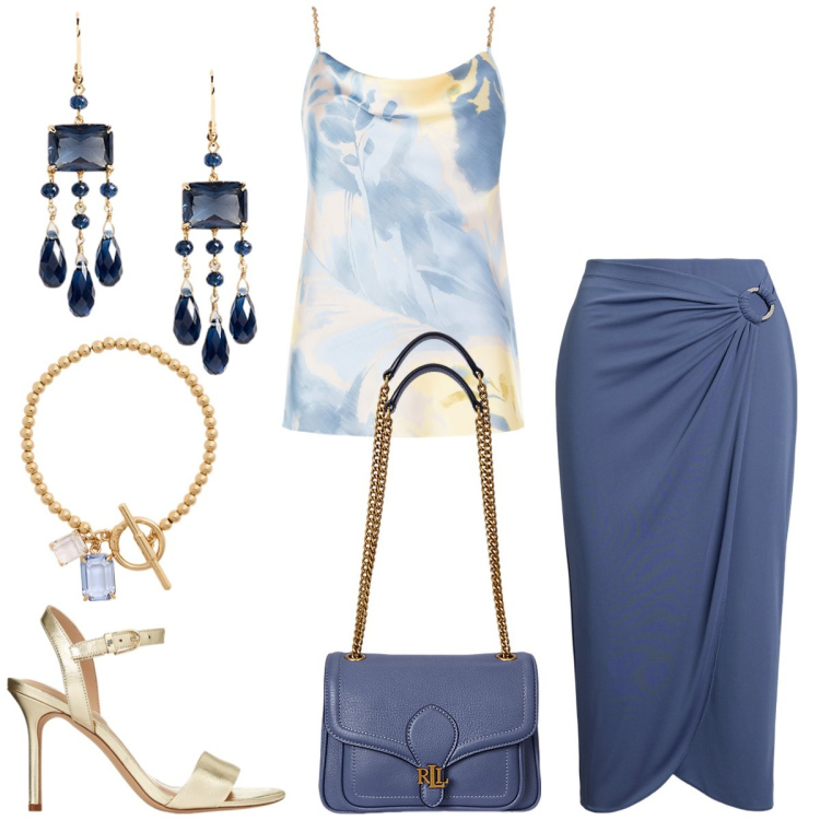 Outfit donna - Pranzo elegante. Stile Chic per Tutti i giorni. Abbinamento con top, gonne, borse a spalla, braccialetti, sandali in pelle, orecchini.