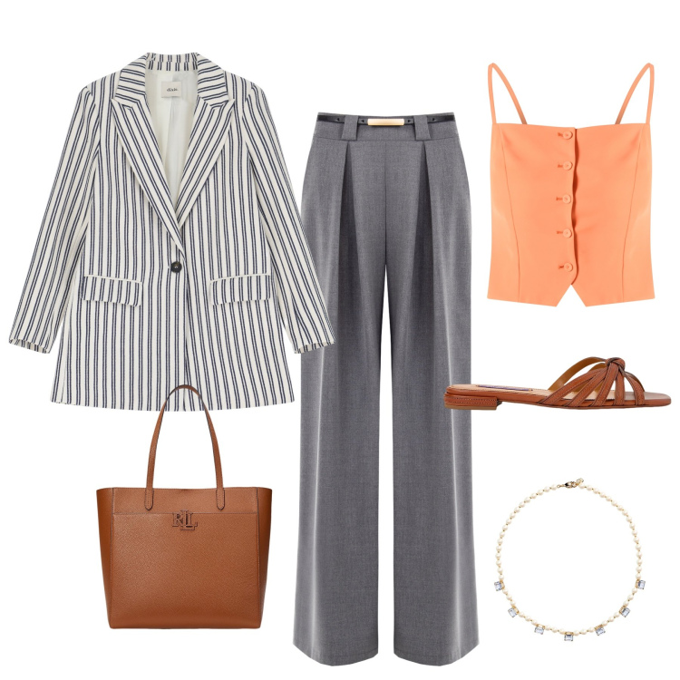Outfit donna - Prendersi sul serio ma con brio!. Stile Casual chic per Ufficio. Abbinamento con pantaloni a palazzo, canottiere, blazer, sandali in pelle, collane, borse tote.