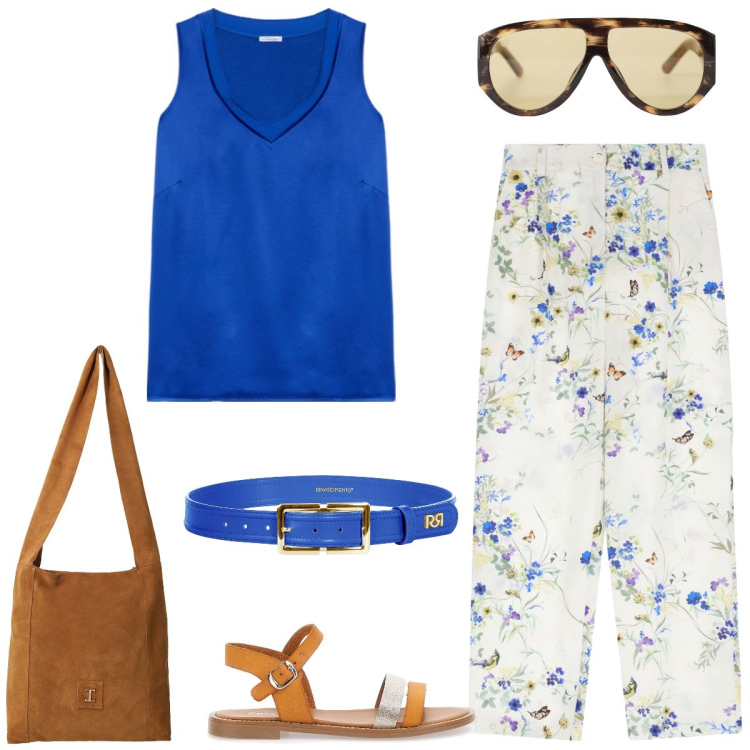 Outfit donna - Passeggiata. Stile Casual per Tutti i giorni. Abbinamento con cinture, pantaloni, occhiali da sole, borse a tracolla, top, sandali.