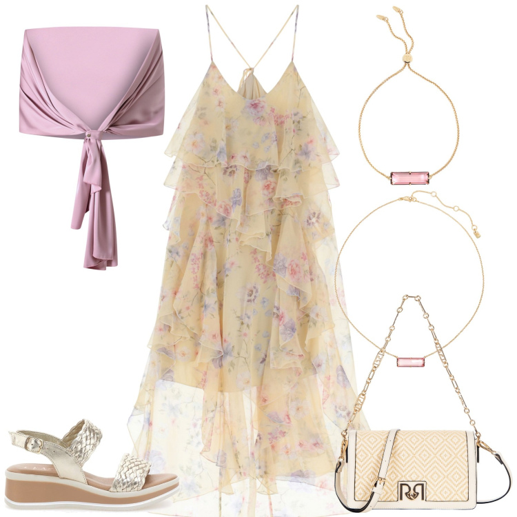 Outfit donna - Abiti lunghi e vaporosi. Stile Romantica per Serata fuori. Abbinamento con scialli, borse a tracolla, vestiti lunghi, braccialetti, collane, sandali.
