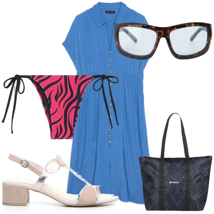 Outfit donna - Total look #2216350. Stile Trendy per Mare. Abbinamento con occhiali da sole, bikini, shopping bag, vestiti chemisier, sandali col tacco.