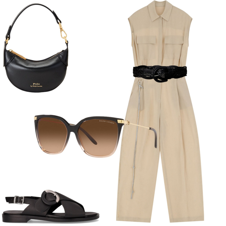Outfit donna - In città. Stile Casual chic per Tutti i giorni. Abbinamento con tute, portafogli, cinture, occhiali da sole, sandali.