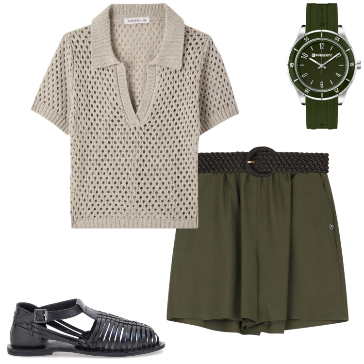 Outfit donna - In ufficio. Stile Casual chic per Ufficio. Abbinamento con polo, cinture, gonne, orologi, sandali.