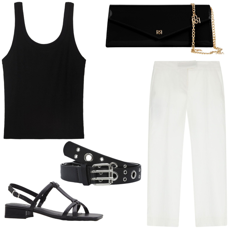 Outfit donna - Minimal chic. Stile Chic per Tutti i giorni. Abbinamento con sandali col tacco, cinture, pochette, pantaloni, canottiere.