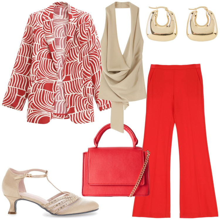 Outfit donna - Total look #2216360. Stile Casual chic per Serata fuori. Abbinamento con orecchini, borse a tracolla, pantaloni, blazer, top, décolleté.