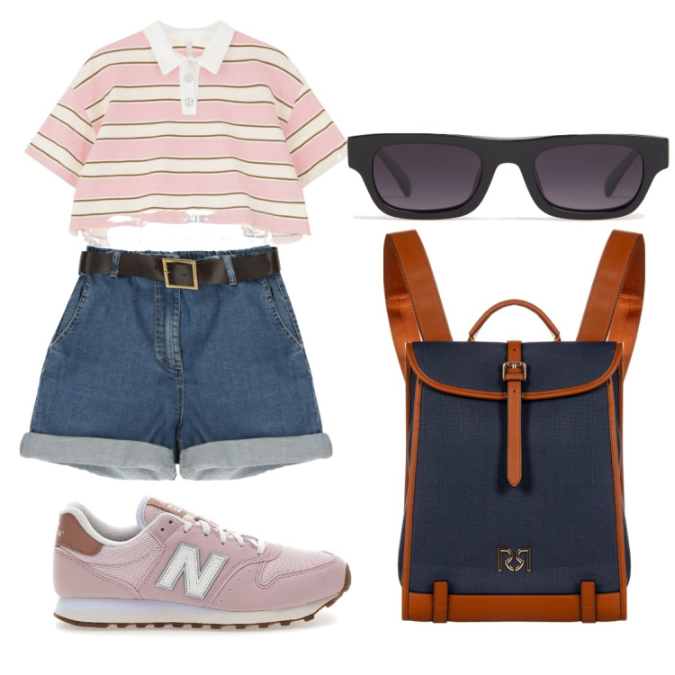 Outfit donna - Tempo Libero in vacanza. Stile Casual per Mare. Abbinamento con zaini, bermuda, t-shirt, sneakers, occhiali da sole.