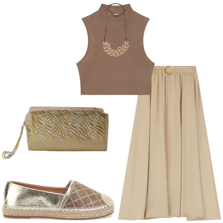 Outfit donna - In città. Stile Boho per Tutti i giorni. Abbinamento con canottiere, cinture, pochette, gonne lunghe, collane, espadrillas.