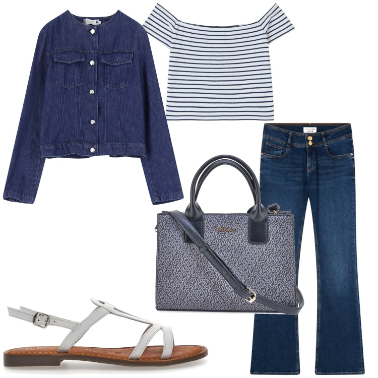 Outfit donna - Total look #2216365. Stile Casual chic per Tutti i giorni. Abbinamento con t-shirt, jeans a zampa, blazer, borse a tracolla, sandali in pelle.