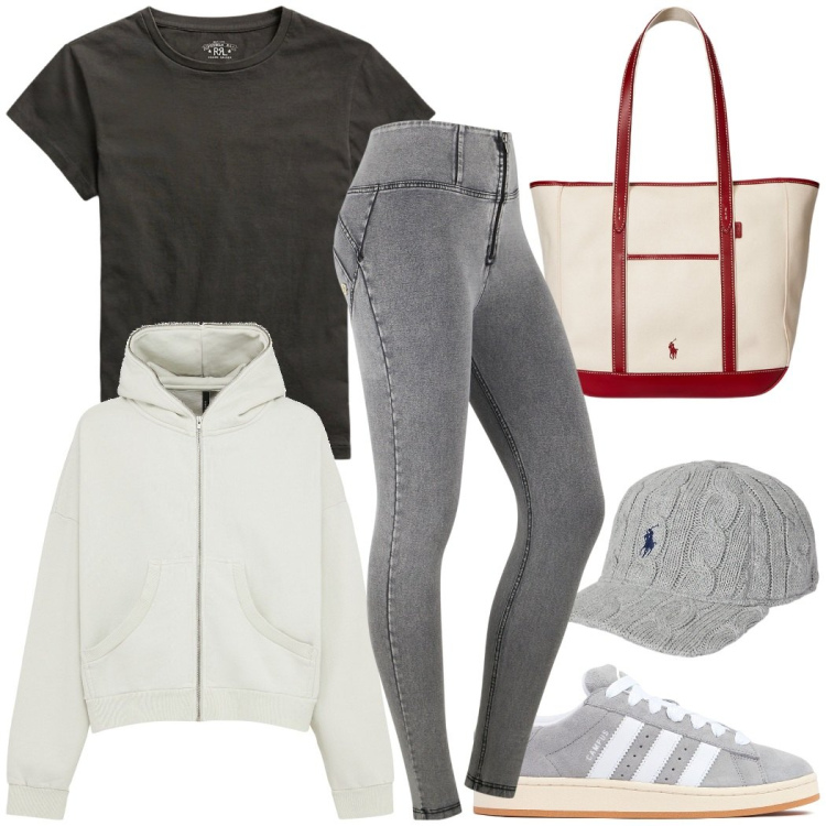 Outfit donna - Sporty chic. Stile Sporty chic per Tutti i giorni. Abbinamento con jeggings, t-shirt, borse tote, cappelli, sneakers, felpe con cappuccio.