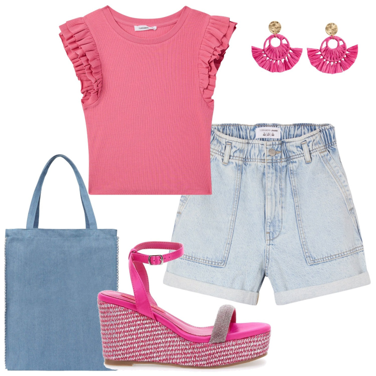 Outfit donna - In vacanza. Stile Casual per Mare. Abbinamento con orecchini, t-shirt, borse tote, shorts, zeppe.