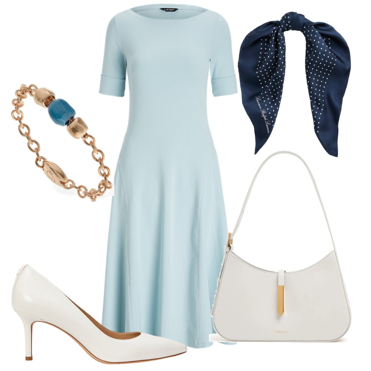 Outfit donna - Color cielo. Stile Bon Ton per Serata fuori. Abbinamento con vestiti, foulard, décolleté, anelli, borse a spalla.