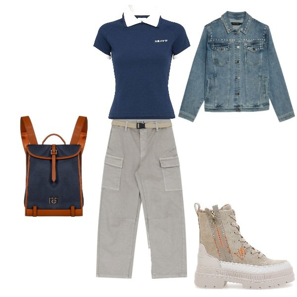 Outfit donna - chic tra i sentieri. Stile Casual chic per Tutti i giorni. Abbinamento con zaini, pantaloni chino, anfibi, blazer, polo.