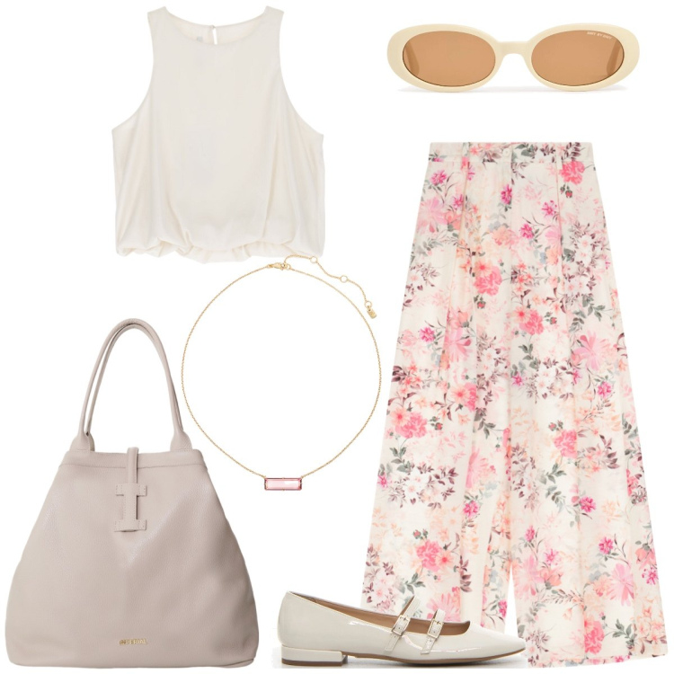 Outfit donna - Passeggiata. Stile Casual chic per Tutti i giorni. Abbinamento con top, pantaloni a palazzo, borse tote, collane, occhiali da sole, décolleté.