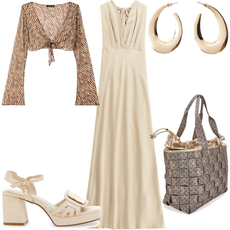 Outfit donna - Total look #2216371. Stile Casual chic per Serata fuori. Abbinamento con orecchini, bolero, vestiti lunghi, sandali col tacco, borse a spalla.