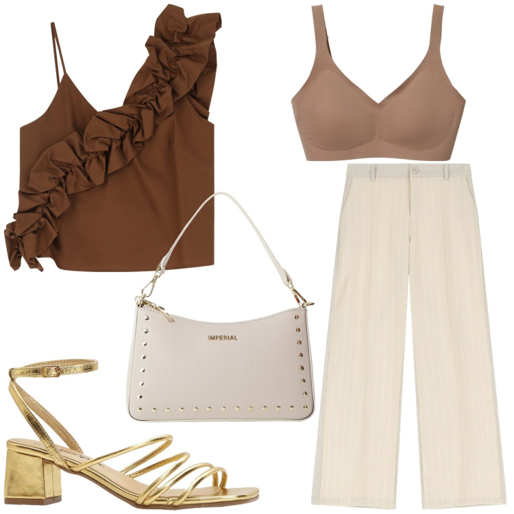 Outfit donna - Raffinato e modaiolo. Stile Glamour per Tutti i giorni. Abbinamento con sandali col tacco, reggiseni, pantaloni, top, borse a spalla.