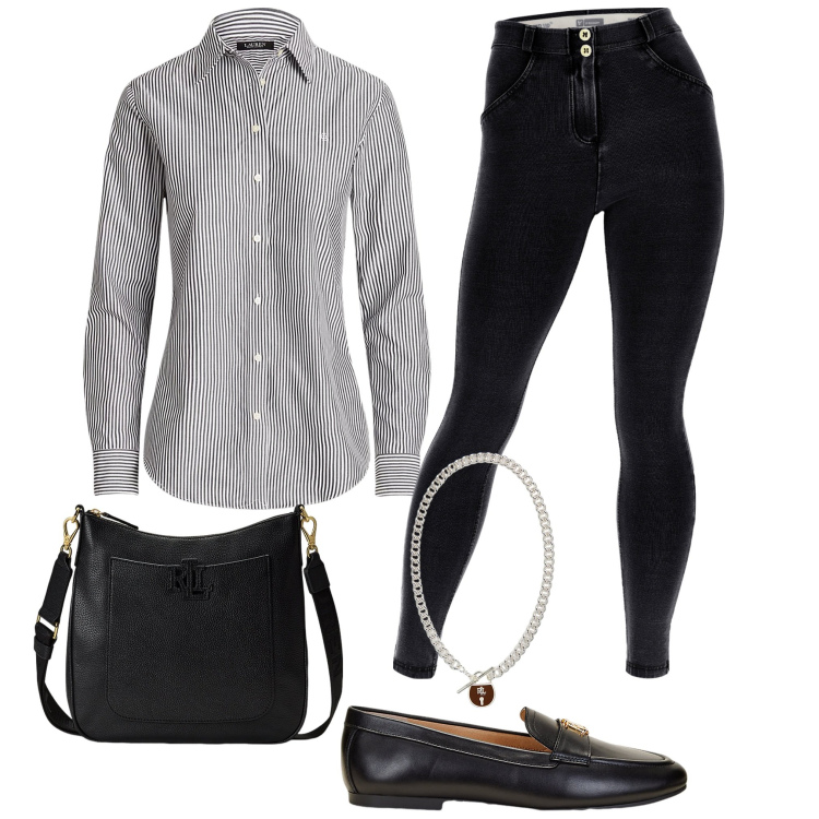 Outfit donna - In ufficio con la camicia. Stile Casual per Ufficio. Abbinamento con jeggings, mocassini, camicie, borse a tracolla, ciondoli.