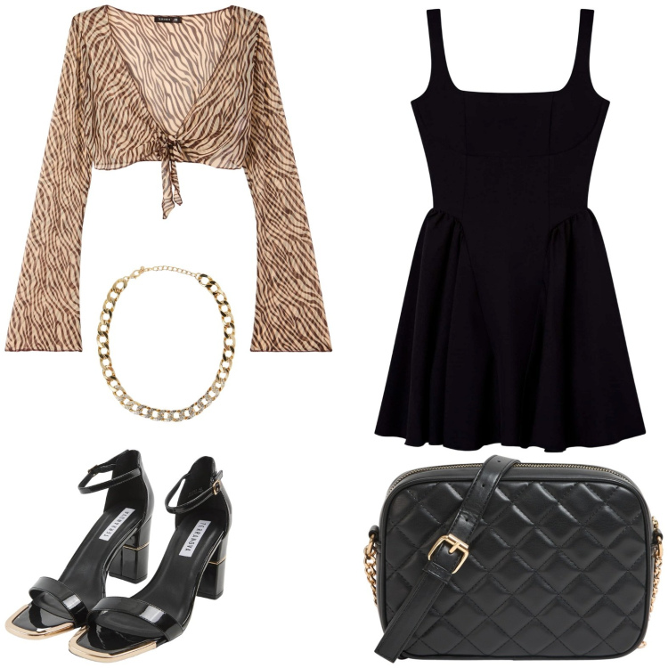 Outfit donna - Notte al mare. per Serata fuori. Abbinamento con vestiti corti, collane, sabot, bolero, borse a tracolla.