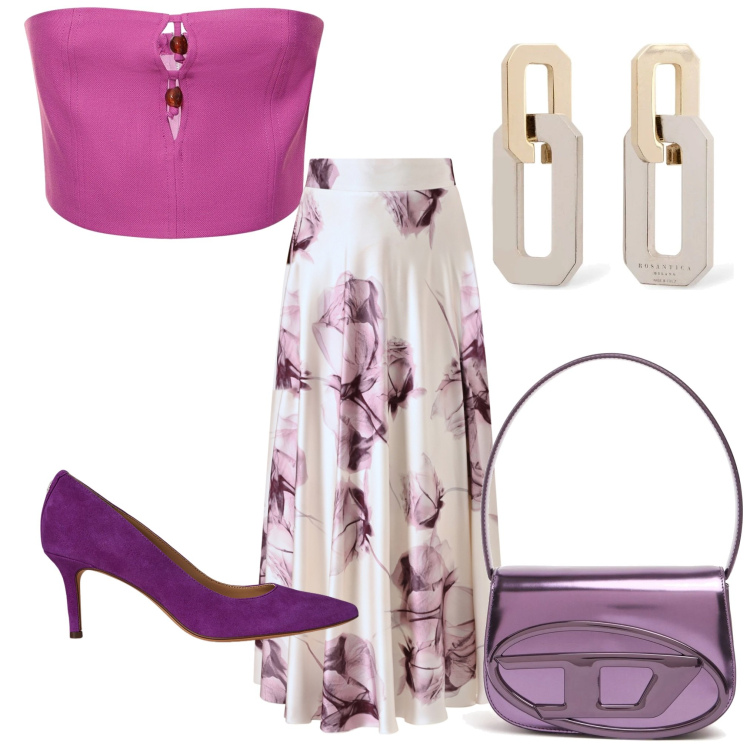 Outfit donna - Romantica. Stile Romantica per Cerimonia. Abbinamento con gonne lunghe, décolleté, orecchini, top, borse a spalla.
